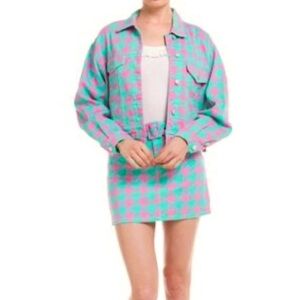 Signature 8 aqua pink houndstooth check belted denim mini skirt M